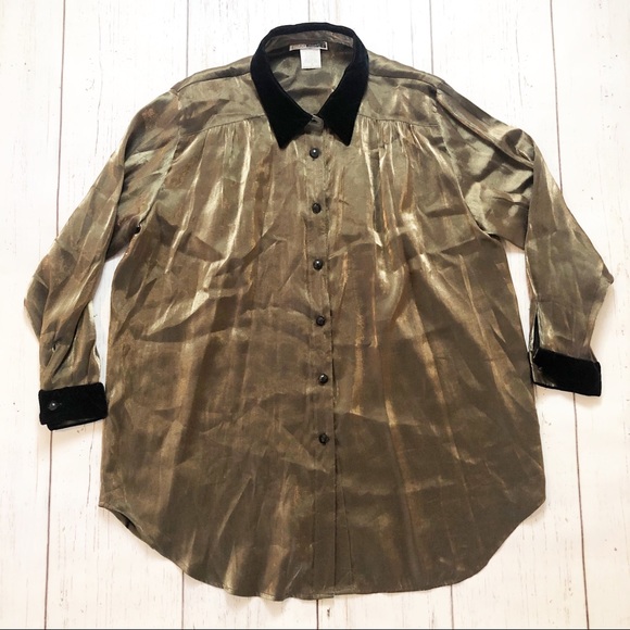 Vintage gold shimmer long sleeve blouse 1X XL - Picture 2 of 7